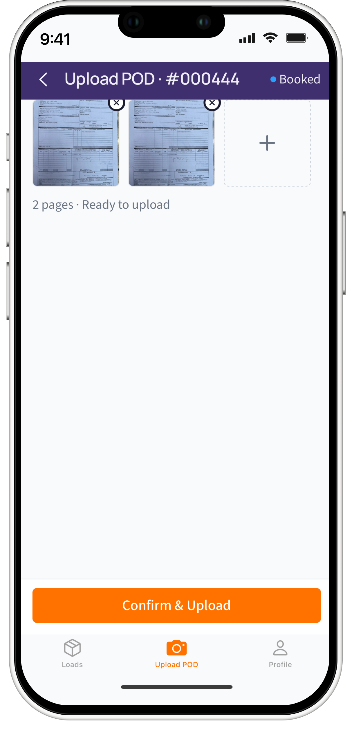 Driver app camera capturing a signed bill of lading