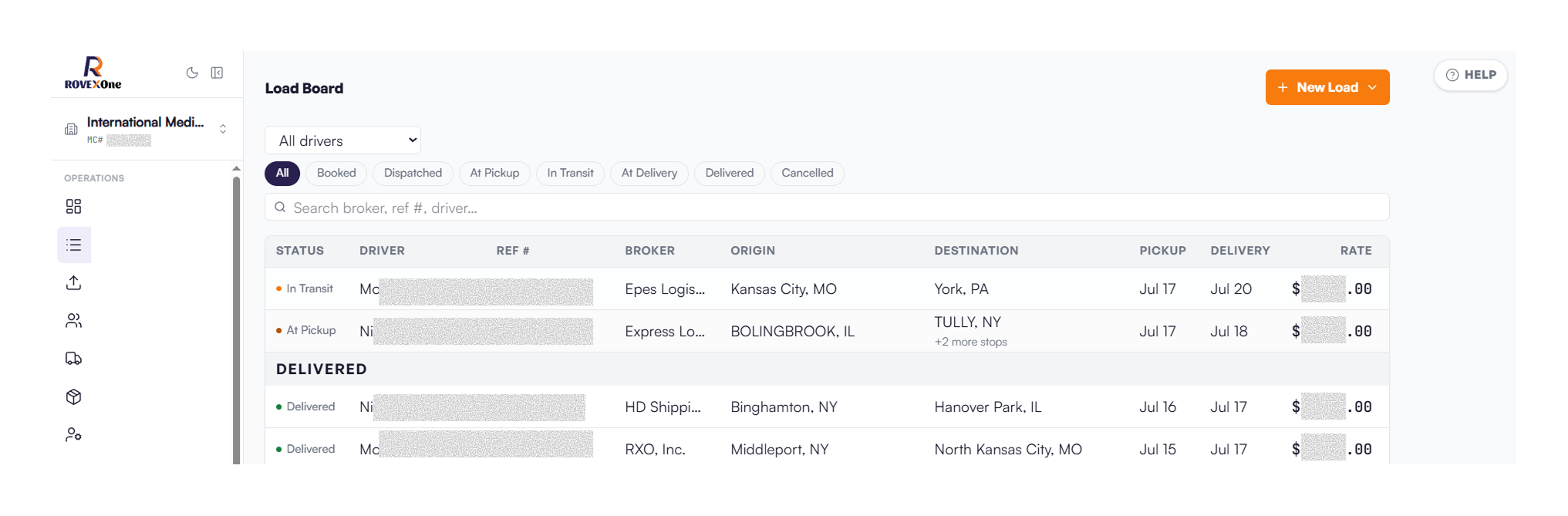 Load detail screen showing stops, documents, charges, and assigned equipment