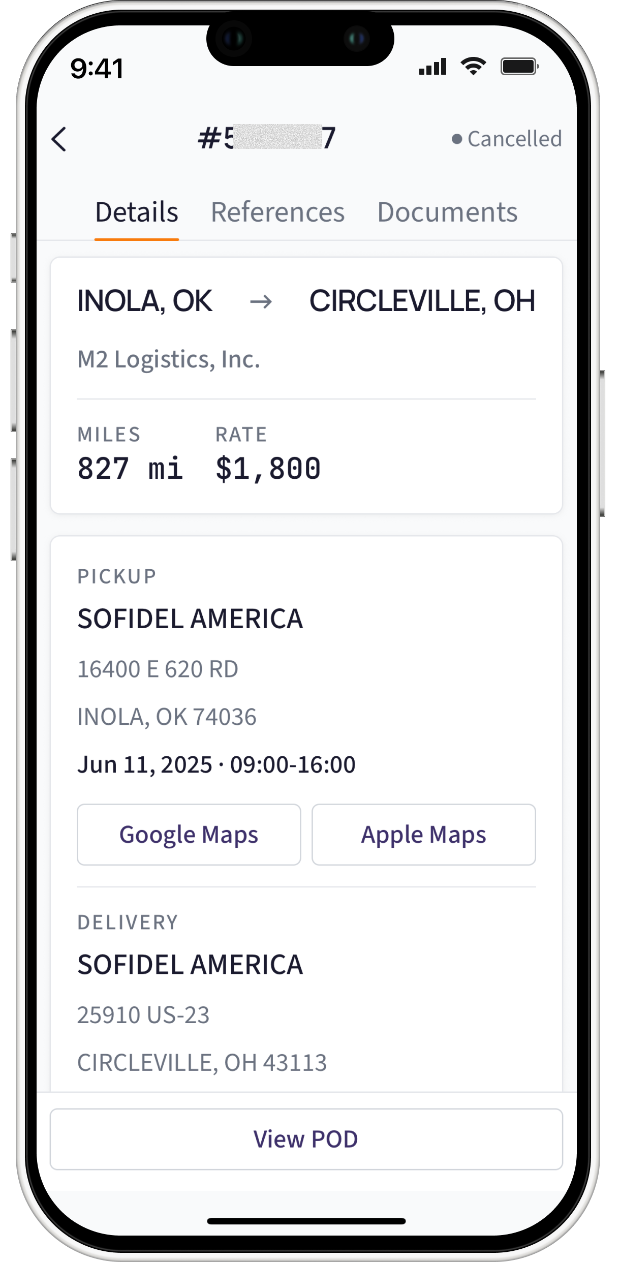 Driver app status screen with At Pickup, En Route, and Delivered buttons